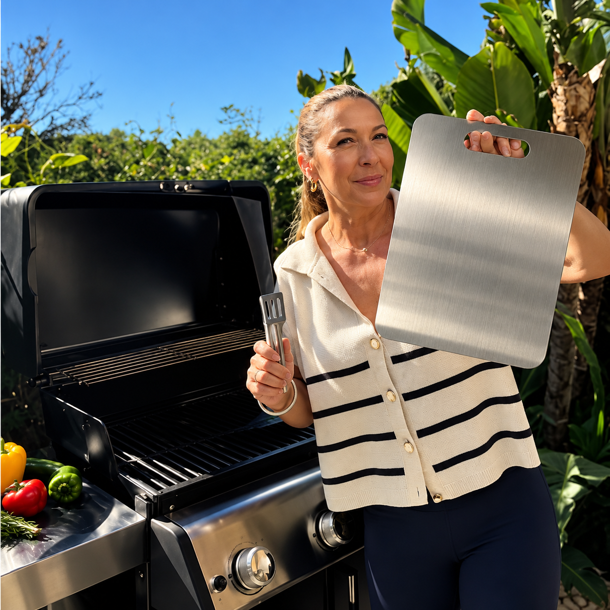 Sara holding a metallic cutting board outdoors