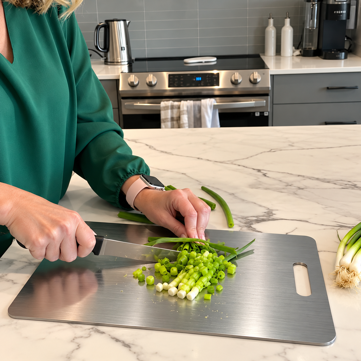 Eve chopping green onions on a metallic cutting board