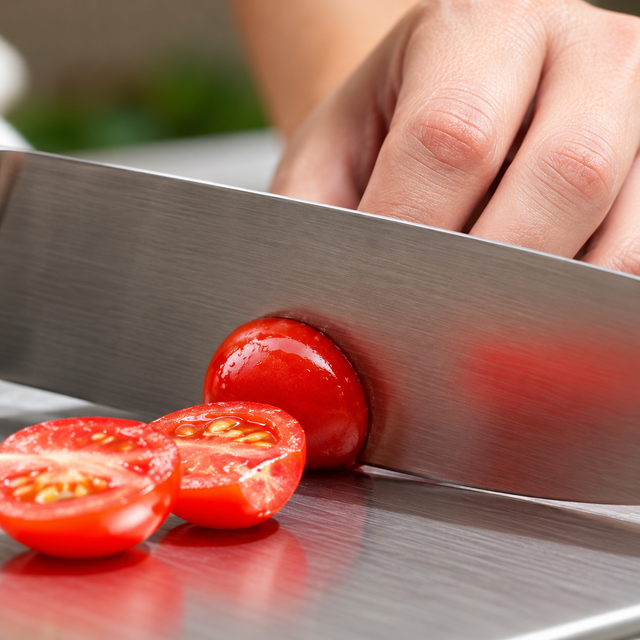 Tomatoes being sliced on a metallic cutting board