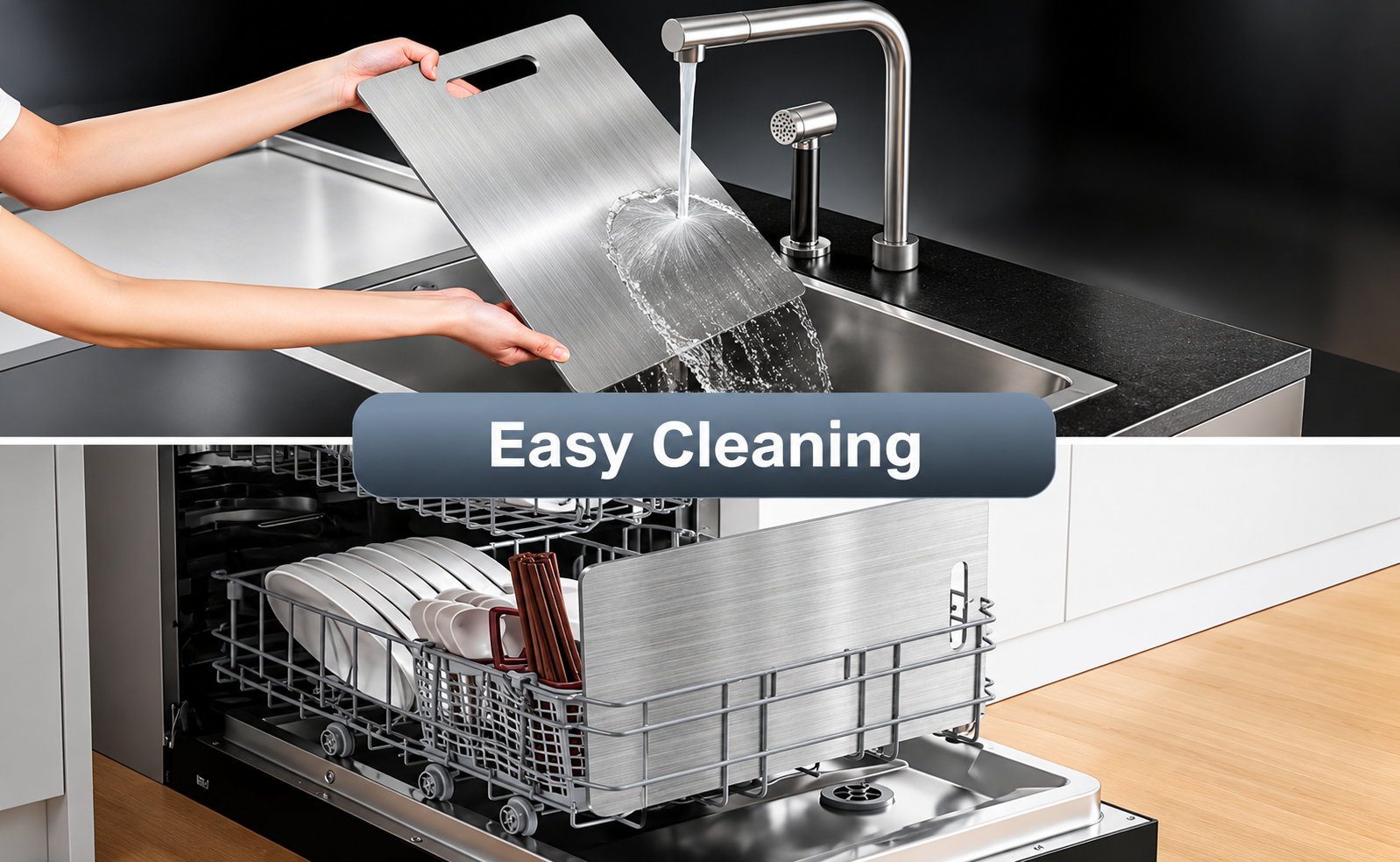 Metallic cutting board rinsed under a faucet and placed in a dishwasher