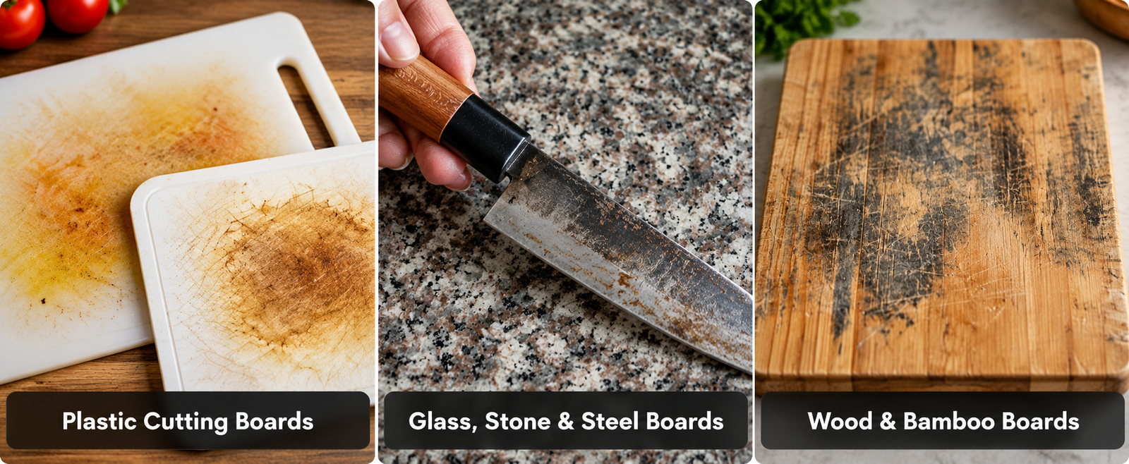 Traditional cutting boards showing signs of wear
