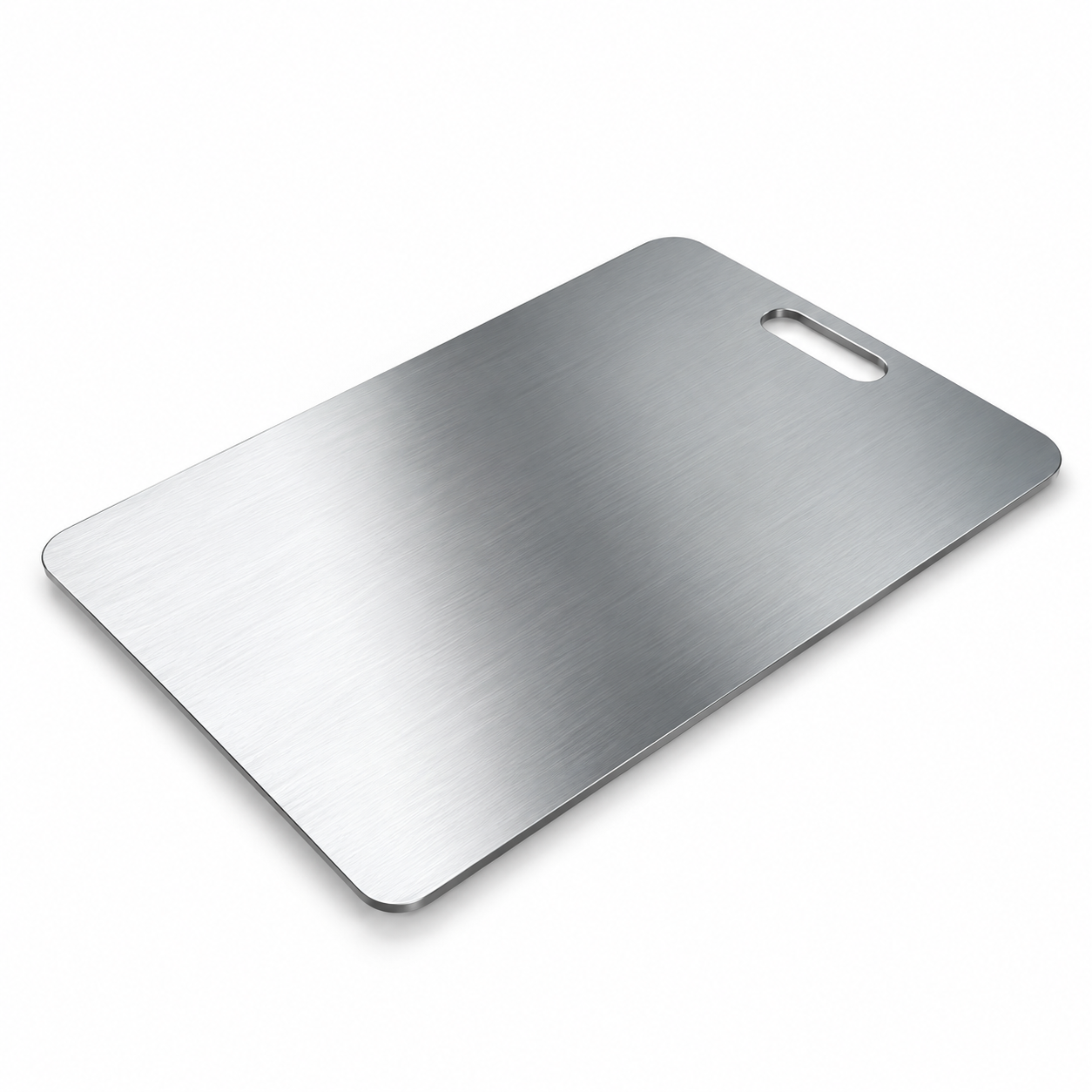 Minimalist metallic cutting board with built-in handle