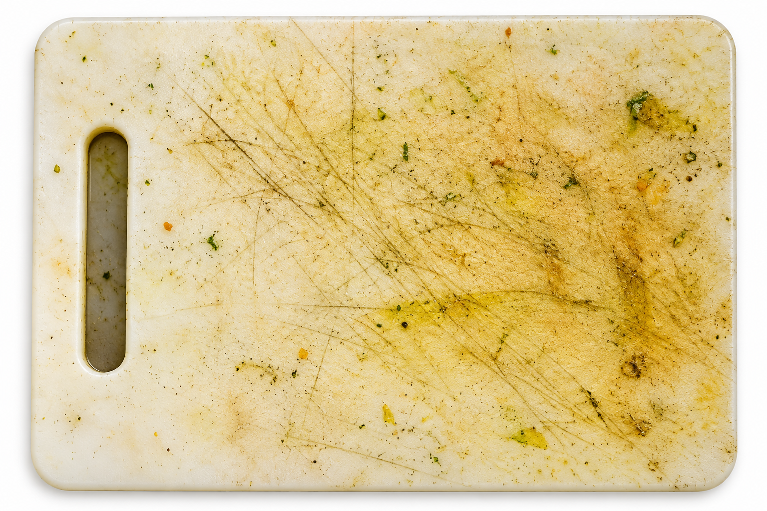 Stained traditional cutting board showing visible wear