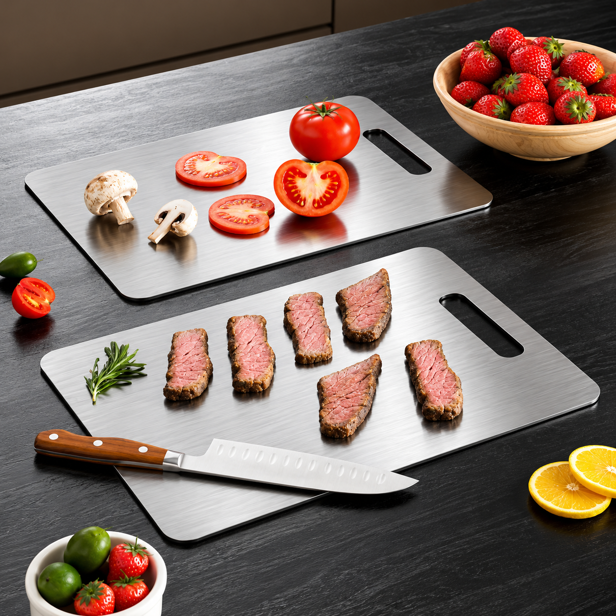 Metallic cutting boards arranged with fresh foods