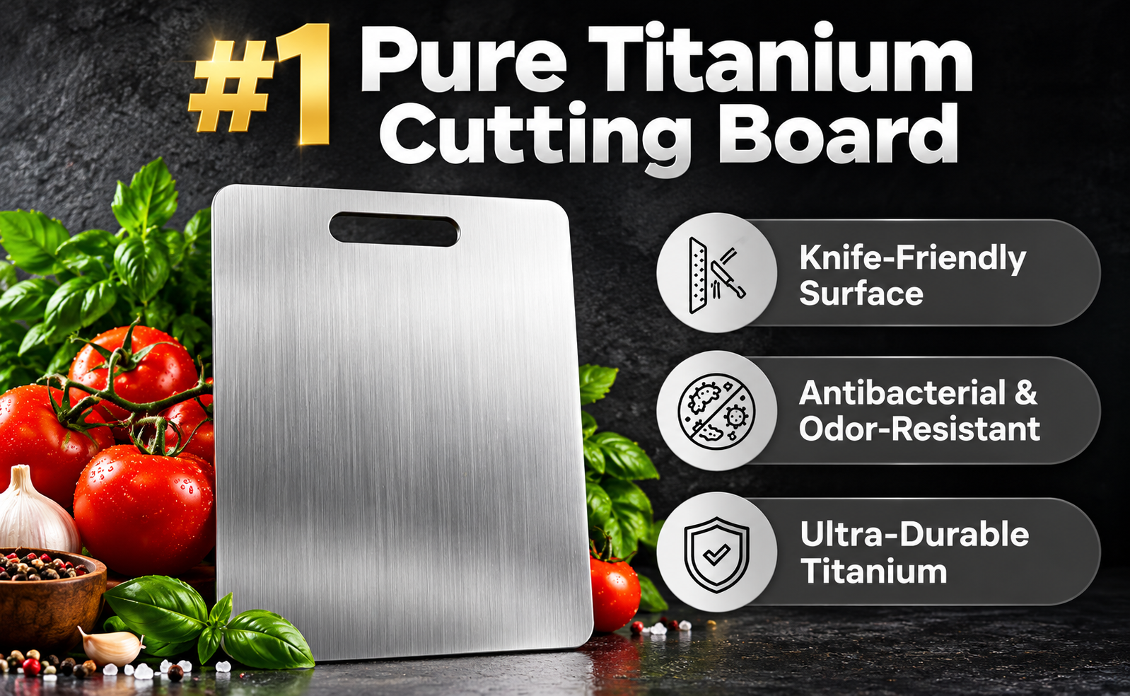 Katori-style metallic cutting board with fresh ingredients